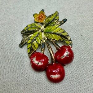 Antique Shabby Cherry Brooch with Green Leaves
